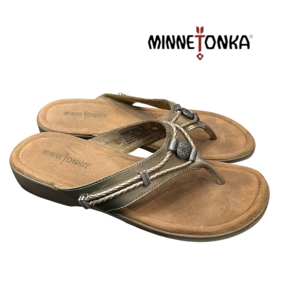 Minnetonka Silverthorne Metallic Gold Women's Slide Thong Sandals 10